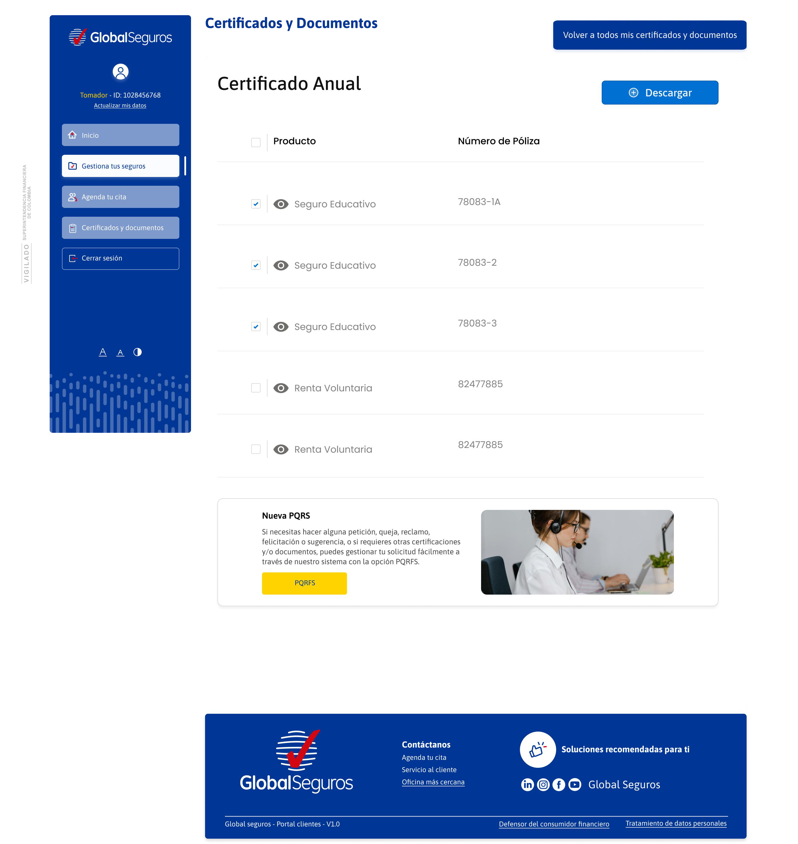 Pantalla de Certificado Anual