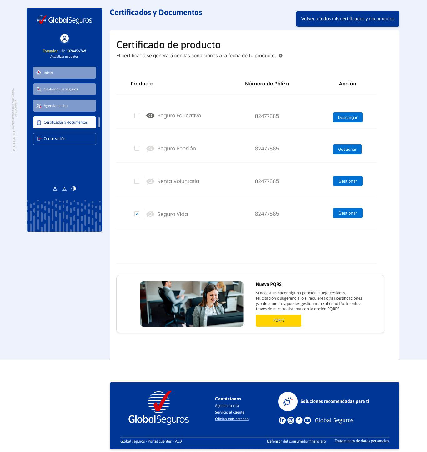 Pantalla de Certificado de Producto